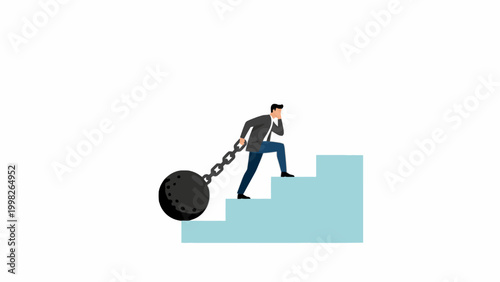 Businessman climbing stairs with heavy ball and chain
