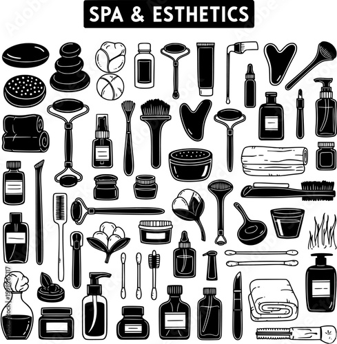 Spa  Esthetics Skincare and Wellness Treatment Icons Set. Black and White Outline Collection of Beauty Products and Tools for Self-Care and Relaxation.