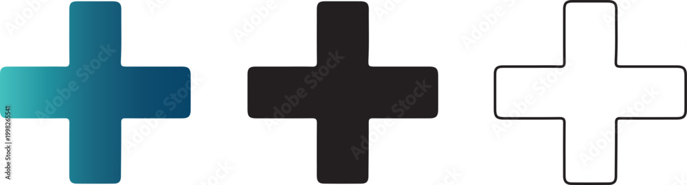 Obraz premium Plus Icon Set, Add and Medical Cross Symbols in Gradient, Solid and Outline Styles, Transparent PNG