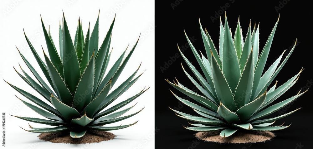 Fototapeta premium Agave plant 3D render with transparent background. Green succulent leaves grow in circular pattern. Desert succulent isolated on white and black.