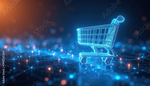 Abstract glowing shopping cart on digital network background. Futuristic online store concept. Represents e-commerce, digital retail and modern shopping tech. Data flow connects virtual goods.