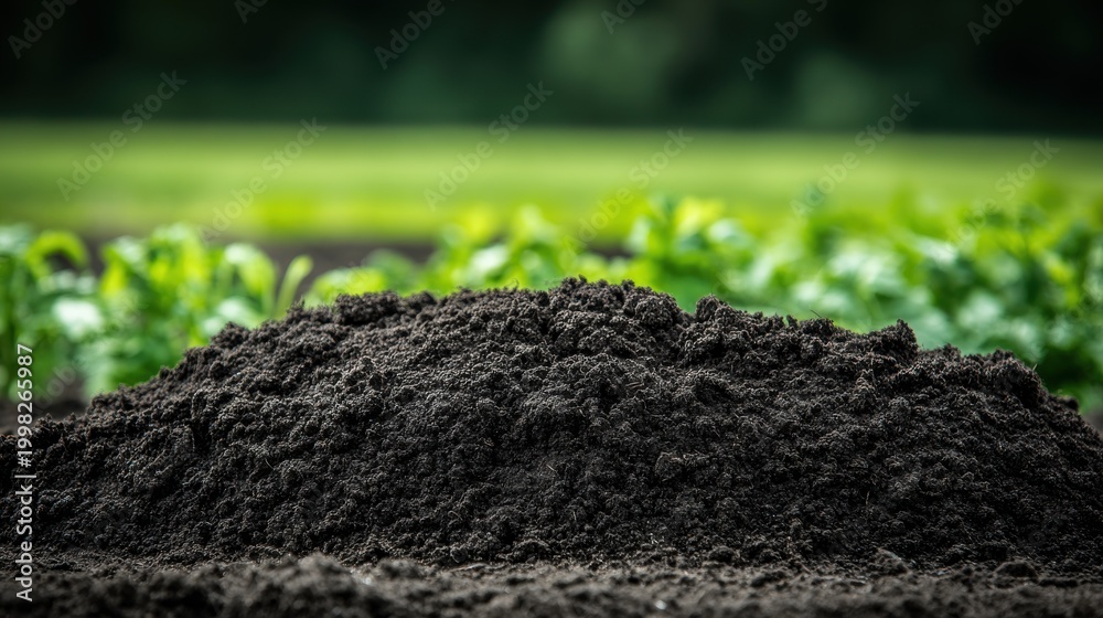 Fototapeta premium Rich dark soil with visible earthworm castings and blurred green garden background