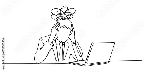Continuous one line drawing of depressed businessman with stress and trouble on mind symbolizing anxiety and mental pressure at work, vector illustration businessman has trouble and stress with is job