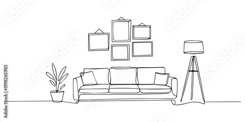 Continuous line interior with sofa, plant, lamp and frames for photo. One line drawing of Living room with modern furniture editable stroke, Minimalistic contour drawing of a cozy and inviting room. 