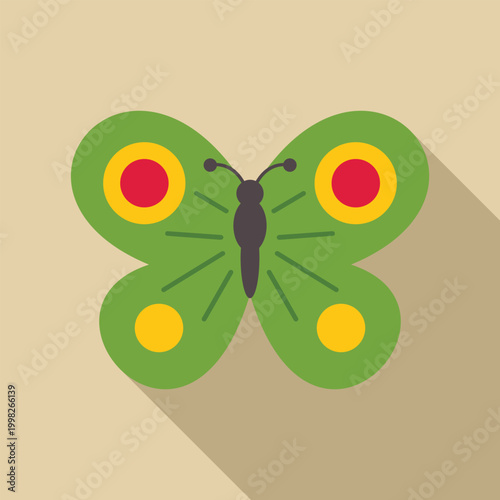 Butterfly icon with a long shadow in a minimalist flat design illustration style