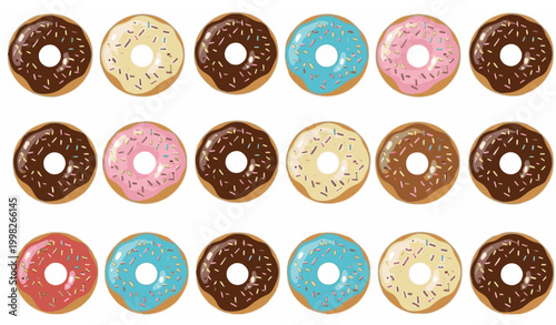 Seamless donut pattern vector with pastel glazed sweet desserts and sprinkles on white background