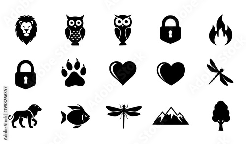 Silhouette Icon Set Featuring Animals, Nature Elements, Security Symbols, and Abstract Shapes Including Lion, Owl, Heart, Lock, Fire for Logo and Graphic Design Use