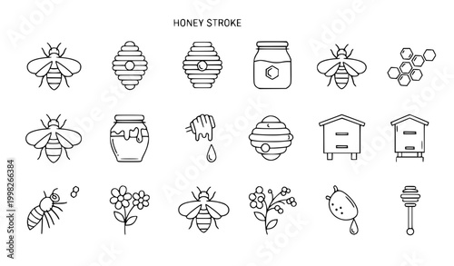 set of iconsHoney and Beekeeping Icon Set Featuring Bees, Honeycomb, Hive Boxes, Jars, and Floral Elements for Organic Farming, Apiculture, and Natural Product Design Projects
