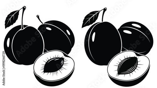 Black plums and halved fruit depiction in a striking silhouette