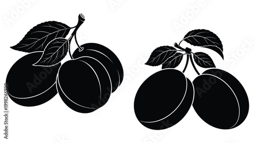 Two arrangements of plums depicted in a striking black silhouette