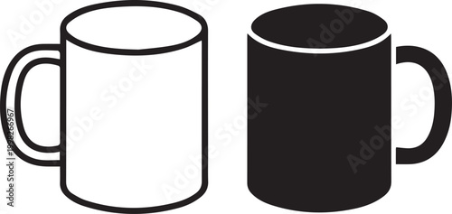 Ceramic coffee mug set with outline and solid silhouette icons, kitchenware drinkware for tea and hot beverages, cad drawing flat vector illustration on white.