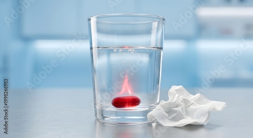 Glass of water sitting on a white surface, with a single red pill at the bottom, suggesting medicine or healthcare.