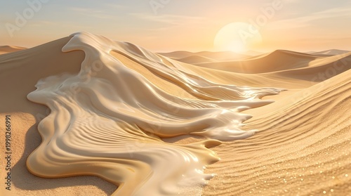 Vast sand dunes in a golden desert ice cream at sunset