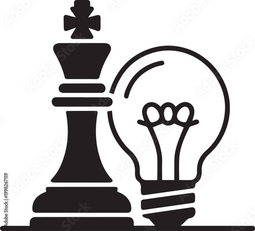 Chess king piece with light bulb icon for business strategy and creative thinking, professional leadership concept, cad drawing flat vector illustration on white.