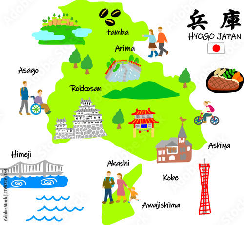 兵庫/神戸旅行、手描きの観光スポットと観光客フラットイラスト