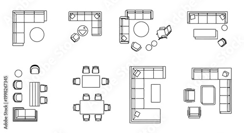 top down view of modern furniture arrangements for living room and dining spaces