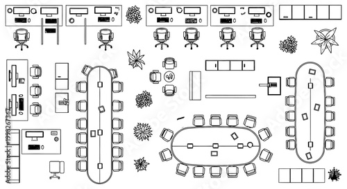 top down view of modern office interior with desks chairs and conference rooms