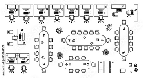 top down view of modern office layout with meeting rooms and workstations