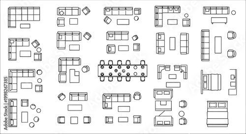 various furniture arrangements in a top-down architectural view for interior design planning