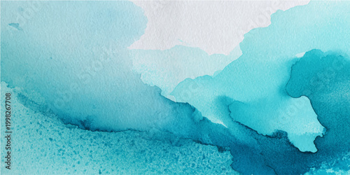 Abstract watercolor painting in shades of teal, creating a serene and ethereal landscape evokes a sense of tranquility.