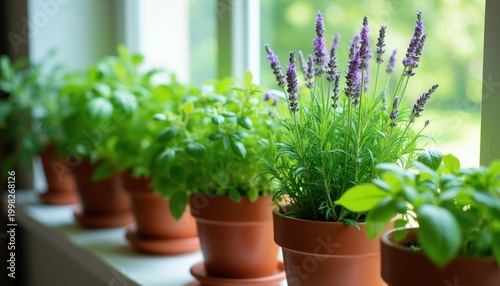 Potted herbs like basil and lavender grow on a sunny windowsill. These plants naturally deter insects making homes more pleasant for dwellers.