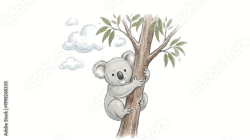 A hand drawn vector art of a cute koala bear climbing a tree with green leaves and looking directly at the viewer in a whimsical forest scene.