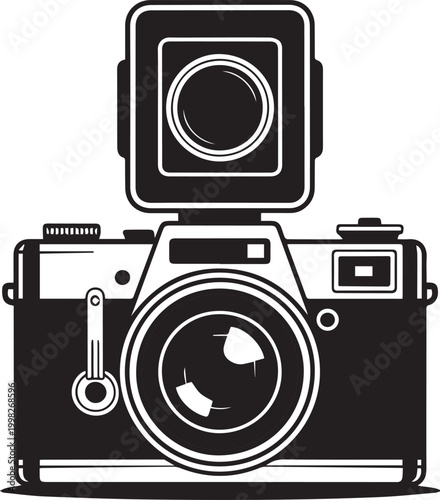 Front view vintage film camera with large square flash attachment, antique photography equipment icon, cad drawing flat vector illustration isolated on white.