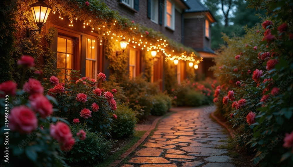 Fototapeta premium Stone pathway through garden leads to house at night. Blooming roses and glowing string lights create romantic atmosphere. Outdoor lanterns illuminate brick building facade.