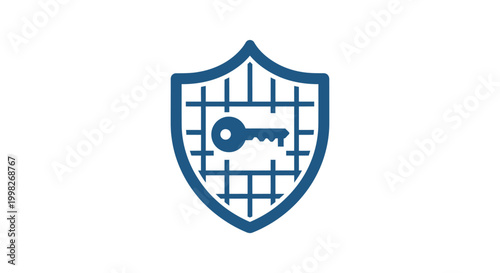 Blue shield icon with key and grid pattern.