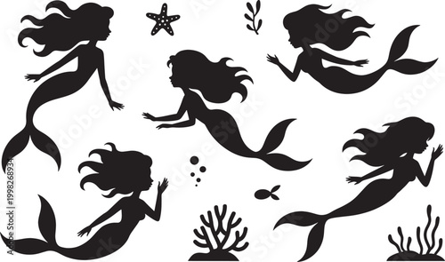 Graceful mermaid silhouettes swimming underwater with starfish coral reef and ocean bubbles elements.