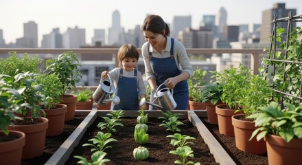 Happy Mother's Day - Happy Mothers Day: A mother and child watering plants on a rooftop garden with a city skyline in the background