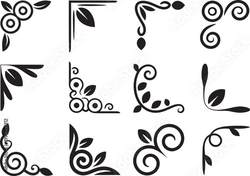 Set of black flat corners frames and borders with leaves and scrolls vector illustration.