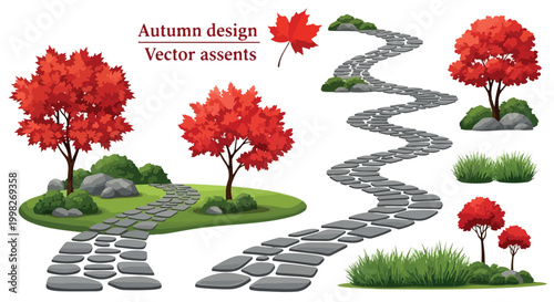 Autumn design vector assets, red maple trees and stone garden paths, fall landscape elements with rocks and green bushes for park scenery isolated PNG with Transparent Background