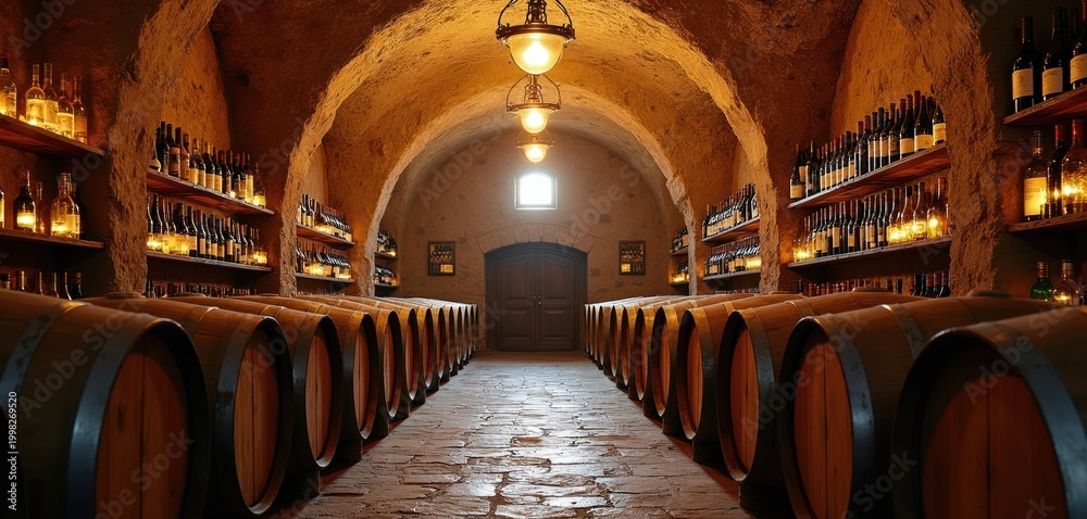 Obraz premium Ancient wine cellar with stone walls and arched ceiling. Wooden barrels line floor and shelves hold many glass bottles with wine. Interior shows old storage for aged spirits and liquors.