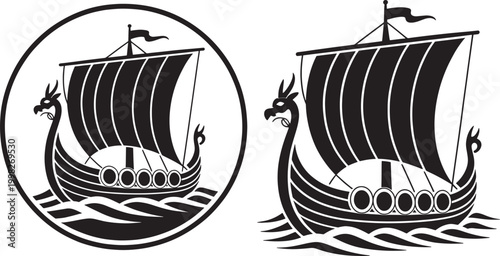 Viking longship boat illustration black silhouette sailing on waves sea ship with dragon head prow circular emblem.
