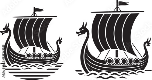 Viking longship boat illustration black silhouette sailing on waves sea ship with dragon head prow nautical art.