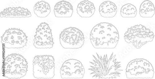 Minimalist bush line icons set, collection of 17 landscape plant vector outlines, architectural garden shrub symbols for site plans and elevation drawings