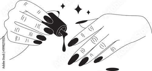applying nail polish, hands painting fingernails with shiny liquid, beauty treatment illustration.