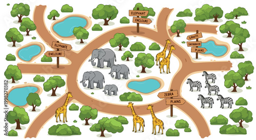 Safari park map vector illustration, wild african animals in zoo enclosures, cartoon wildlife sanctuary with elephants giraffes and zebras isolated PNG with Transparent Background