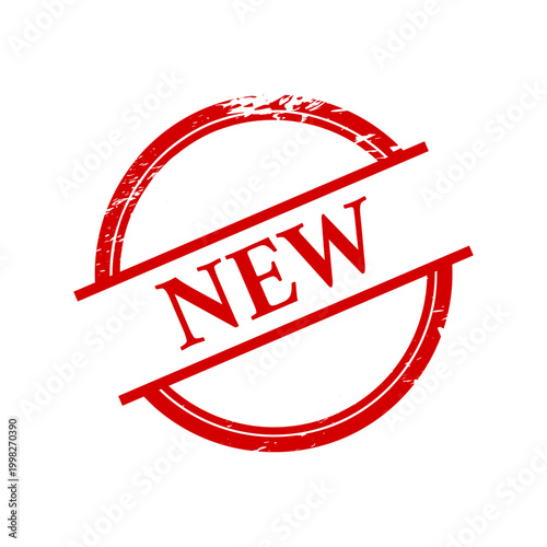 Vector illustration of NEW text written on a red grungy vintage round stamp on a white background.