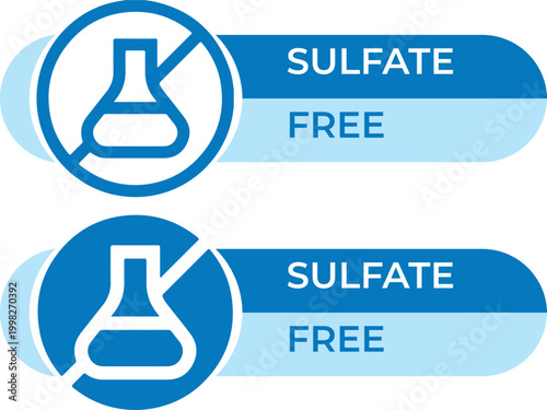 Sulfate free product labels, blue chemical beaker icons with prohibition sign, cosmetic packaging badges for organic and natural beauty products