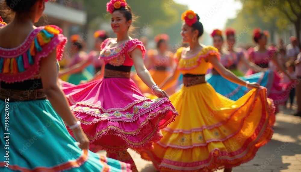 Naklejka premium Young women in vibrant colorful dresses dance during a festive outdoor celebration. They perform folk dance, twirling and spinning with joyful motion in a lively community event.