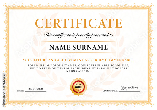 Elegant Gold Certificate Template with Luxury Border and Award Badge Design. Certificate,