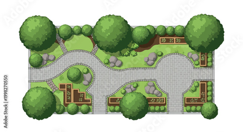 Top view garden landscape design vector, aerial park plan with stone paths and green trees, architectural backyard map with bushes and rocks isolated PNG with Transparent Background