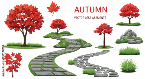 Autumn garden landscape elements, red maple trees and stone pathway vector set, fall foliage plants with rocks and grass for park design isolated PNG with Transparent Background