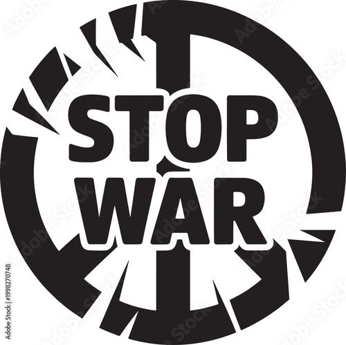 Stop War symbol graphic with shattered peace sign and bold lettering, representing a powerful anti-war statement and call for an end to conflict.