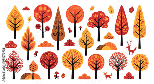 Autumn forest vector collection, stylized fall trees and woodland elements, orange and red foliage set for seasonal landscape design isolated PNG with Transparent Background