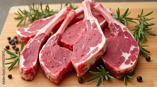 a bunch of fresh ribs on a wooden cutting board