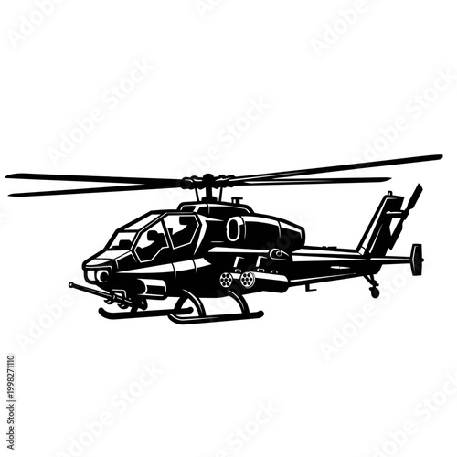 Black helicopter with rotor blades flying.