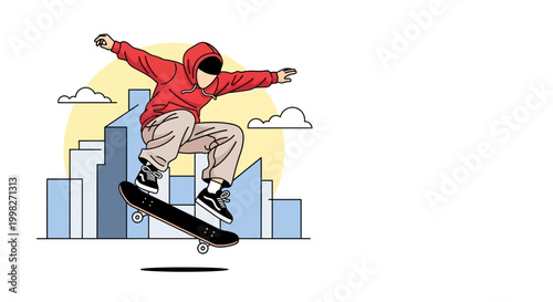 Person wearing red jacket does tricks while going to skateboard on a sunny day